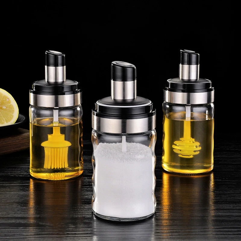 Glass Condiment Bottles With Spoon Brush Honey Stick Spice Oil Storage Container For Kitchen Pepper Salt Seasoning Jar Dispenser |