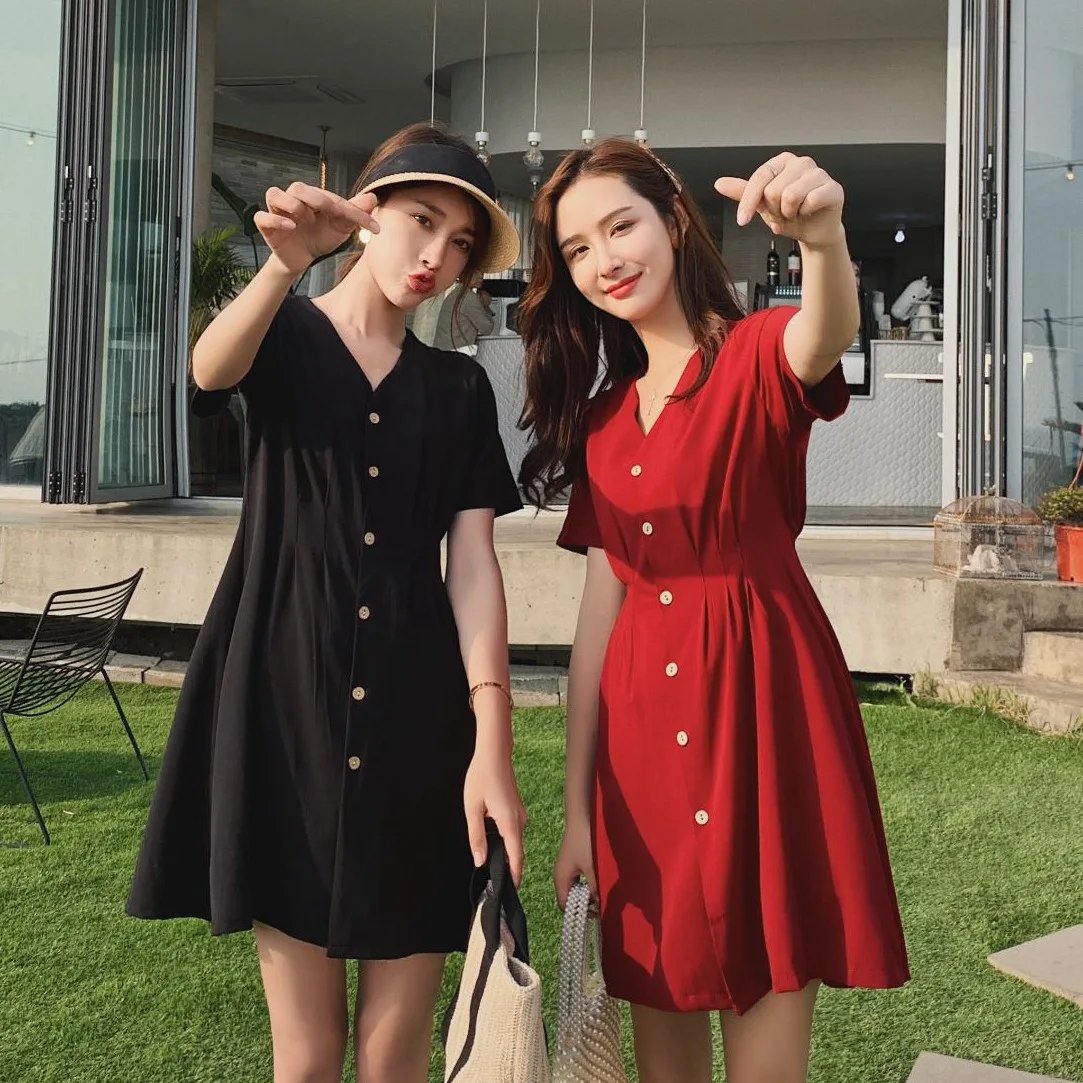 

Photo Shoot CHIC Vintage Red Color Slim Fit Mid-length V-neck Single Breasted France Non-mainstream Best Friend A- line Dress Ve