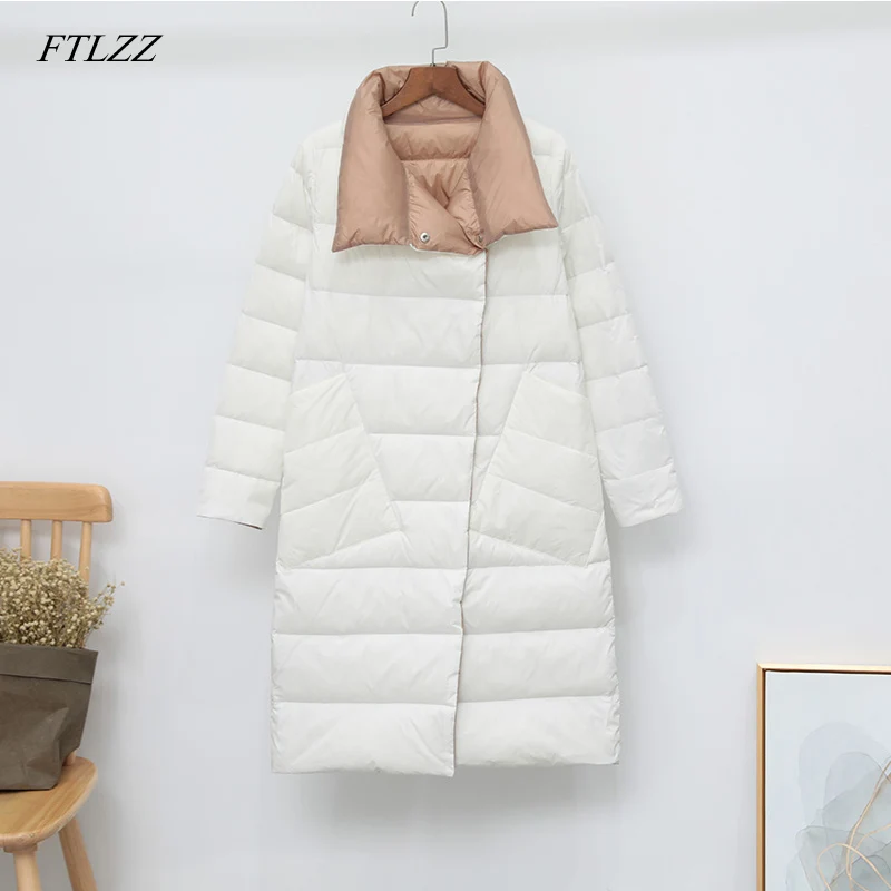 FTLZZ, зимнее женское двухстороннее пальто из 90% белого утиного пуха, ультра-светильник, Длинная женская верхняя одежда с высоким воротом, теплые парки, зимние парки