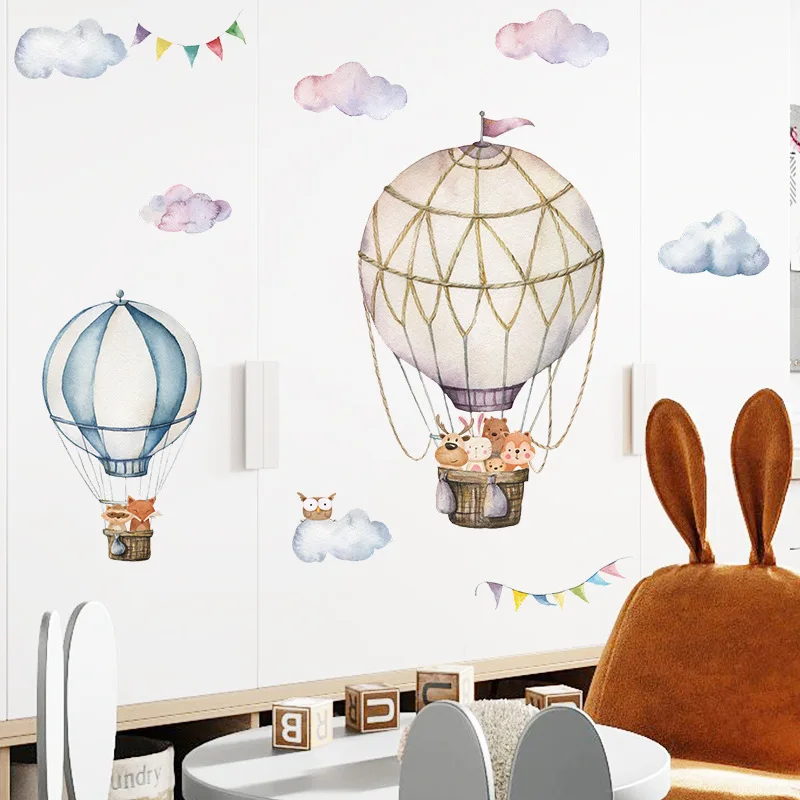 Cartoon Cute Animals Hot Air Balloon Wall Stickers for Kids Room Baby Nursery Room Wall