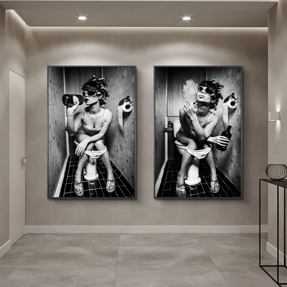 Sexy Girl Sits in a Toilet Nordic Canvas Art Posters And Prints Black And White Canvas Paintings On the Wall Art Pictures Cuadro