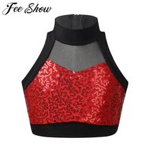  Kids Girls Shiny Sequins Sleeveless Mesh Splice Back Zipper Tanks Tops Crop Top for Dancing Stage Performance Workout 