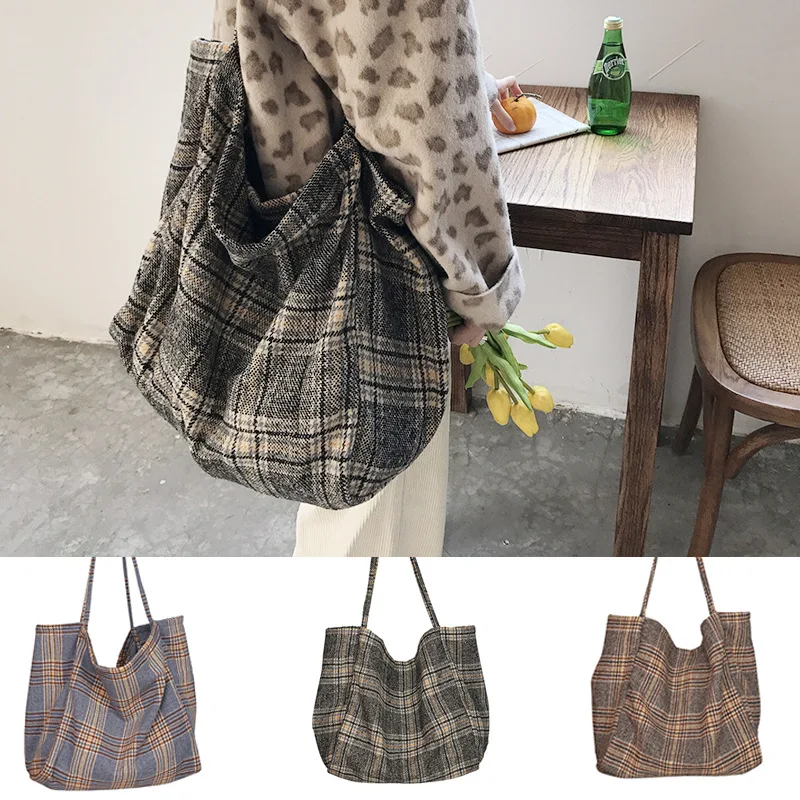 

Women Bag Woolen Canvas Bags Scottish Pattern Vintage Plaid Female Large Capacity Big Tote Handbag Ladies Casual Shoulder Bag