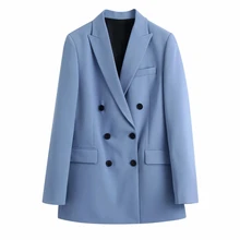 

2021 New Spring Women Double Breasted Blue Casual Suit Coat Female Tailored Collar Long Sleeve Outerwear Lady Loose Tops C1086