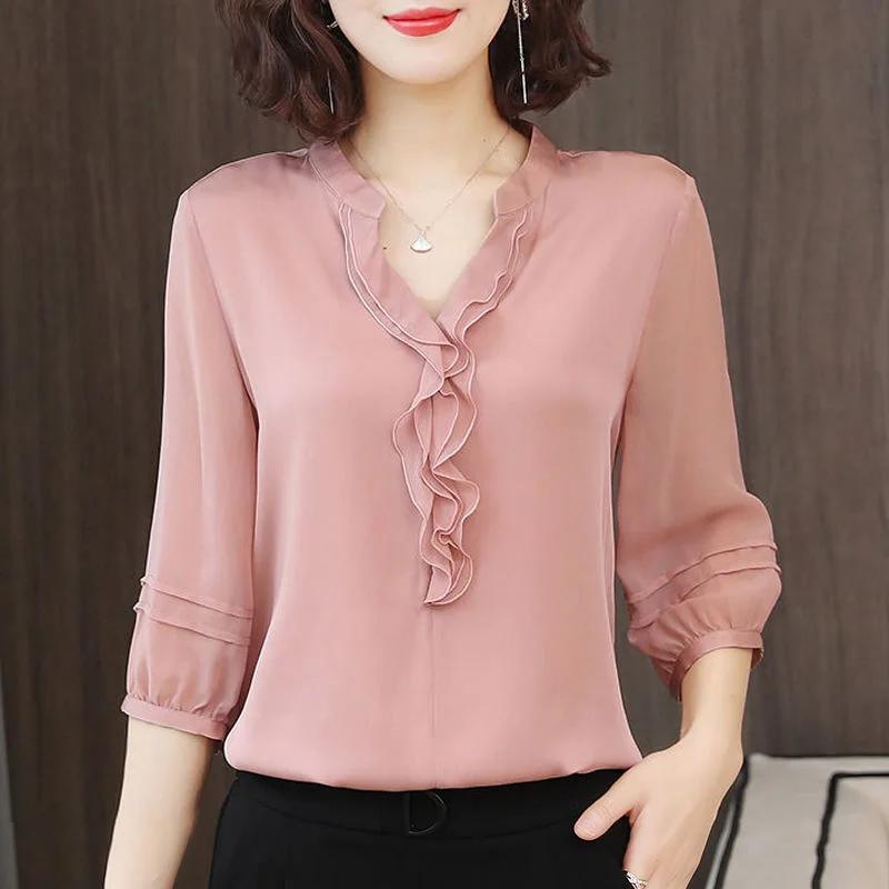 

V-Neck Ruffles Decor Blusas Tops Women Spring Summer Style Chiffon Blouses Shirts Lady Casual Half Lantern Sleeve
