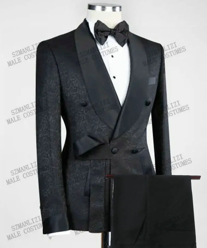 Fashion Design Black Floral Mens Wedding Suit Double Breasted Slim Fit Prom Groom Tuxedo Bridegroom Best Man Blazer Pants