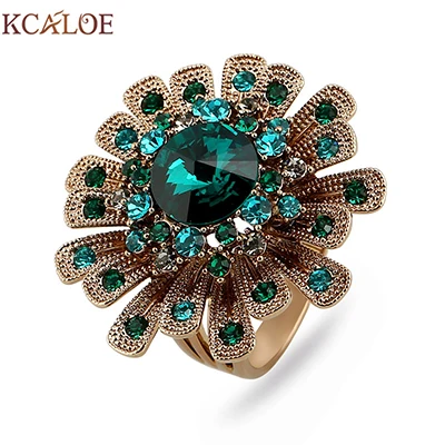 KCALOE, большие титановые золотые цветы, обручальные кольца для женщин, Роскошные Синие хрустальные стразы, Винтажное кольцо на палец, свадебные ювелирные изделия - Цвет основного камня: green