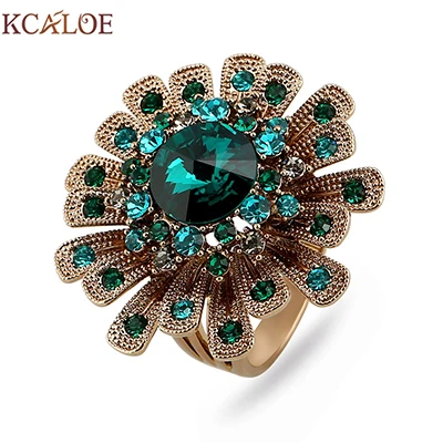 green KCALOE, большие титановые золотые цветы, обручальные кольца для женщин, Роскошные Синие хрустальные стразы, Винтажное кольцо на палец, свадебные ювелирные изделия - Цвет основного камня: green