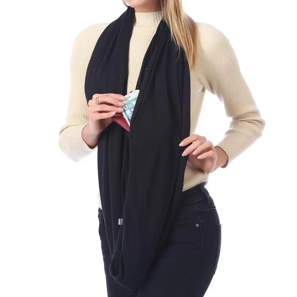 Женский Однотонный черный зимний шарф с карманом, вязаный, теплый, для путешествий, для женщин и мужчин, с потайным карманом на молнии, infin