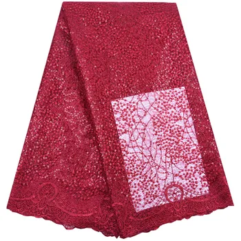 

2019 Red High Quality French Mesh Lace Fabric Latest Fashion African Tulle Lace Fabric With Sequins For Nigerian Wedding 1749