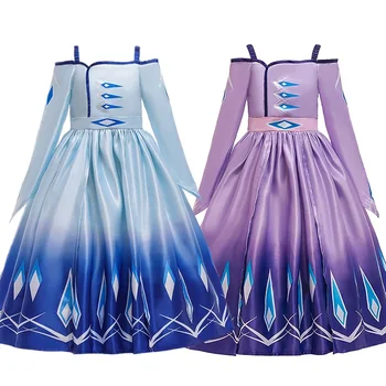 

MUABABY Girls New Elsa 2 Princess Dress Up Off Shoulder Blue Purple Snow Print Party Gown Halloween Birthday Anna Costume Frocks