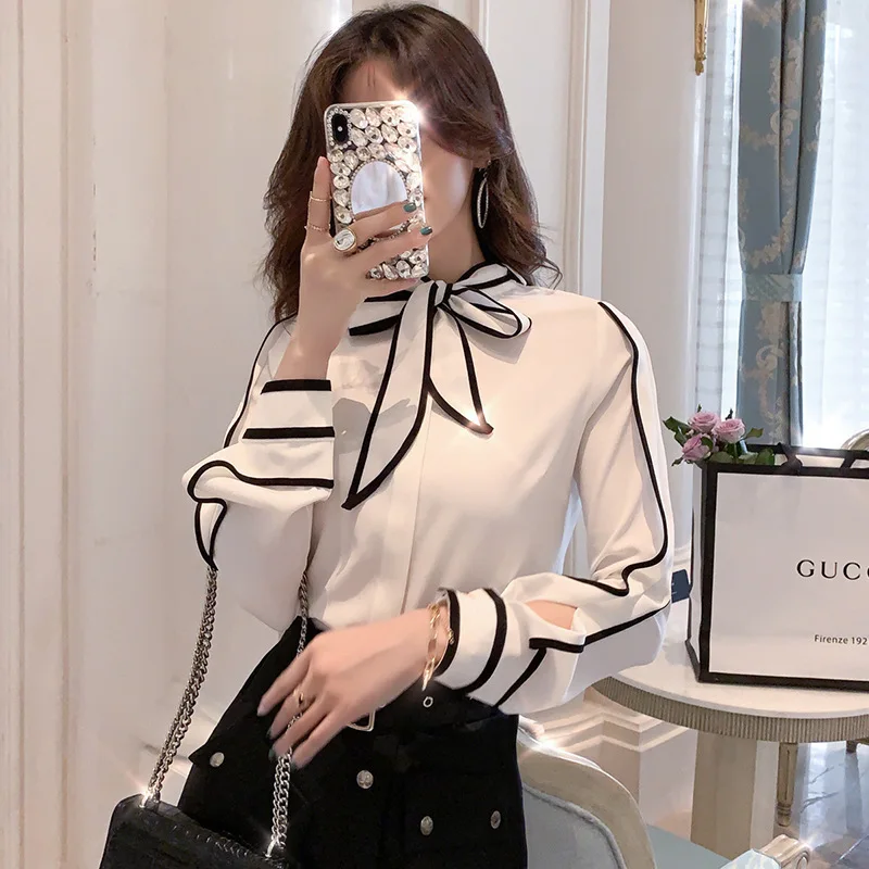 

Foamlina Women's Shirt 2019 New Autumn Color Block Bowtie Collar Long Sleeved Slim Casual Female Blouse Shirt Tops