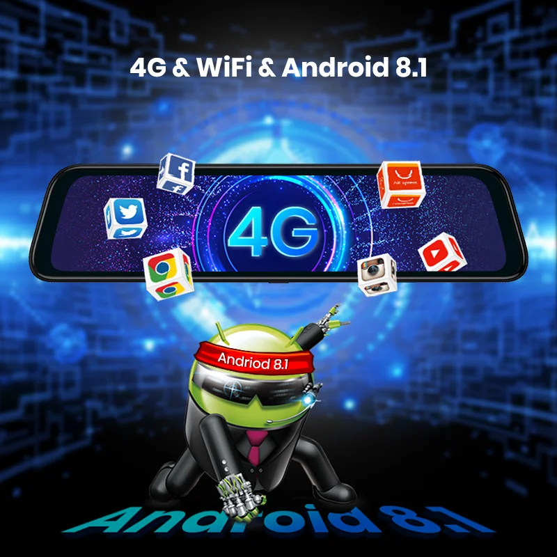 Видеорегистратор автомобильный на Android 1080P 4G 12 дюймов с зеркалом заднего