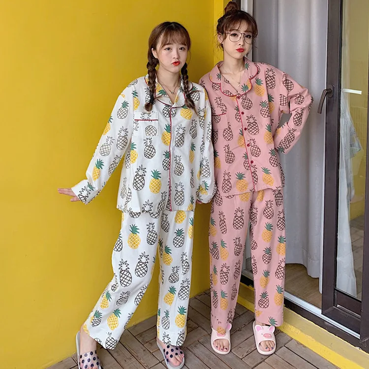 

South Korea Cute Cartoon Pineapple Pajamas Women's Spring And Autumn Brushed Long-sleeved Cardigan Two-Piece Set Students Best F