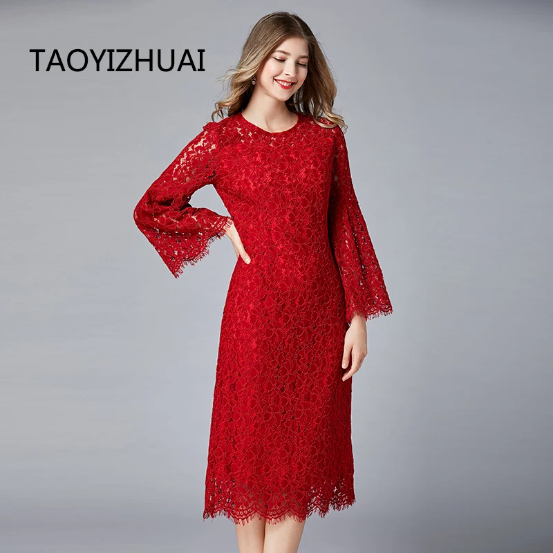 TAOYIZHUAI Повседневный стиль размера плюс кружевное женское платье с О-образным вырезом и расклешенными рукавами длиной до колена для вечеринки модное свободное женское платье