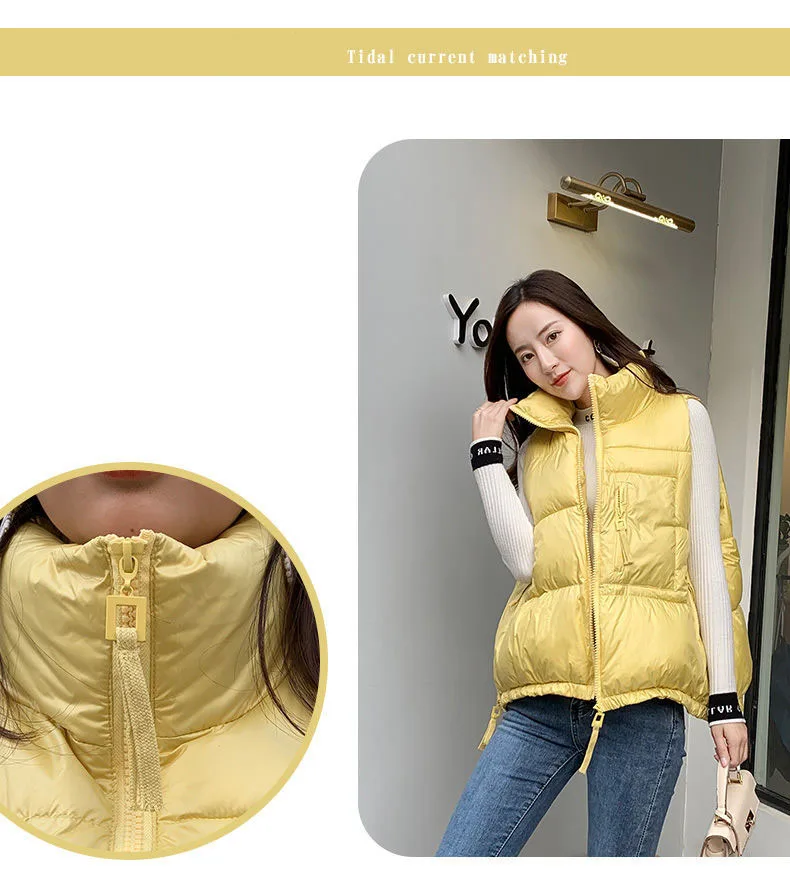 Winter Woman Down Cotton Short Vest Coat Yellow Stand Colloar Sleeveless Jacket Large size Waistcoat Korean Style Gilet Femme petite long puffer coat