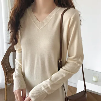 

Knitted Women Sweaters And Pullovers Loose Casual Solid Sueter Mujer Tops Winter V-Neck Women Jumper Sweet Female Sweater