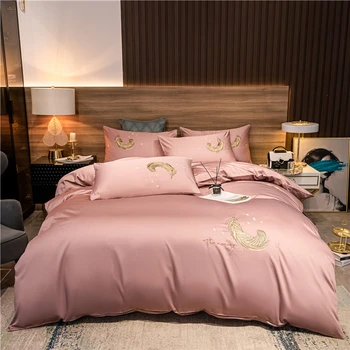 

Feather Embroidered Home Cotton Bedding Set Solid Color Duvet Cover Bed Sheet Pillowcase Set Soft Skin-friendly Bedclothes