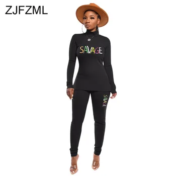 

Letter Embroidery Plus Size 2 Piece Set Track Suit Women High Neck Long Sleeve T-Shirt + Long Pencil Pants Causal Plus Size Set