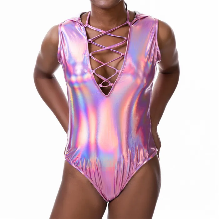 Блестящие голографические с капюшоном женские боди крест-накрест на шнуровке без рукавов с низким вырезом комбинезоны летние пляжные купальники боди - Цвет: Holographic Pink