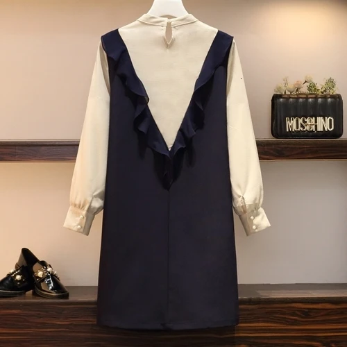 

Plus Size Women Casual Dress Autumn 2019 Fashion Long Sleeve Patchwork Ruffle Fake Two Piece Loose Dresses L-4XL