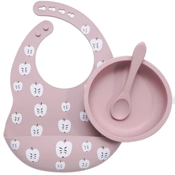 

Cute Cartoon Print Baby Bibs Waterproof Soft Silicone Infant Feeding Plate And Spoon Adjustable Kids Saliva Towel