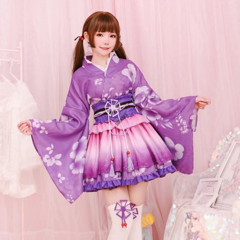 Kimono Japanese Style Kawaii Girls Floral Yukata Haori Love Live Lolita Dress for Women Party Yukata Dance Anime Cosplay Costume