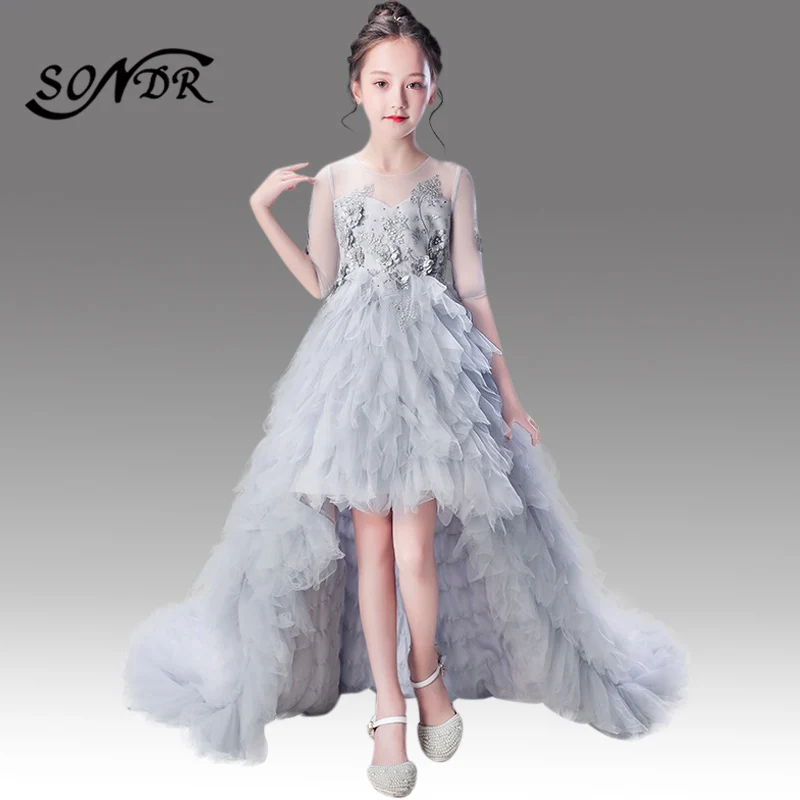 

High Low Length Flower Girl Dress HT105 O-Neck Beading Communion Dresses Appliques Ruched Girls Elegant Pageant Ball Gowns