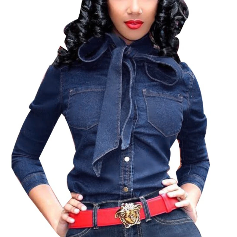 womens denim shirt with bow tie