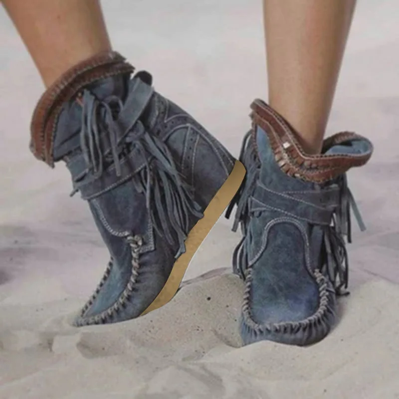 Laamei/Классические ковбойские ботинки с бахромой в западном стиле; женские кожаные женские ковбойские ботинки; обувь на низком каблуке; женские зимние сапоги до колена