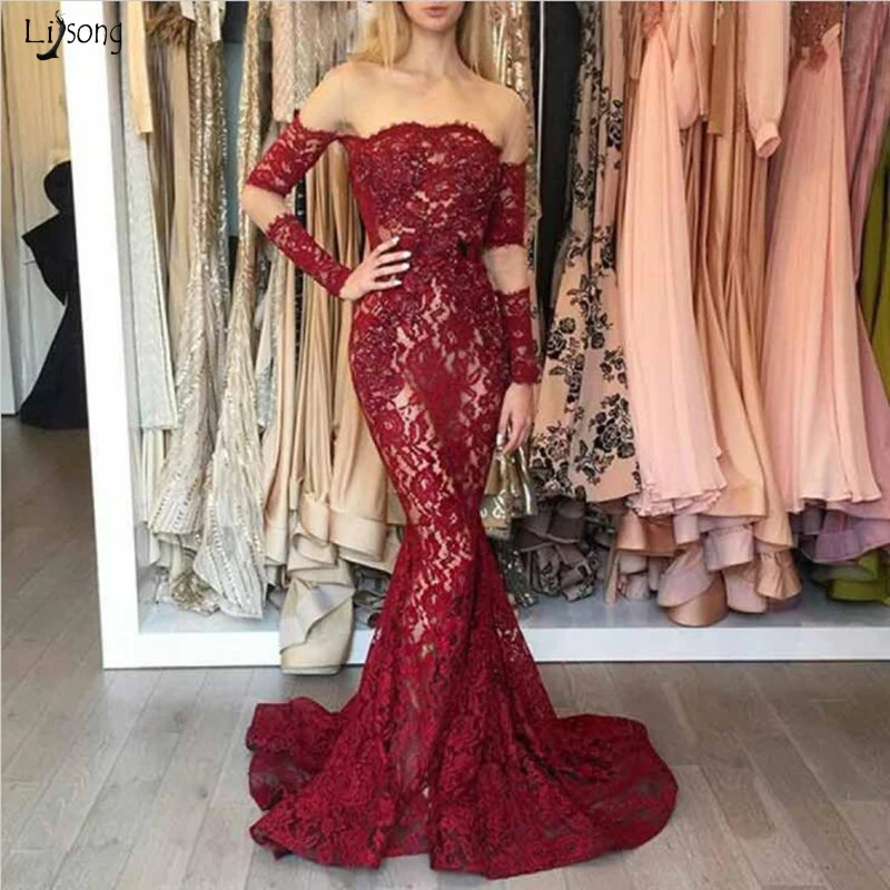 

Burgundy Off The Shoulder Mermaid Evening Party Dress 2019 Lace Dubai Saudi Arabic Long Robe De Soiree Prom Gown Formal Dresses