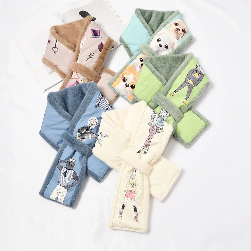Cartoon Animal Print Scarf Women Sweet Splicing Color Faux Fur Plush Cross Thick Scarf Girls Elegant Fluffy Winter Warm Scarves