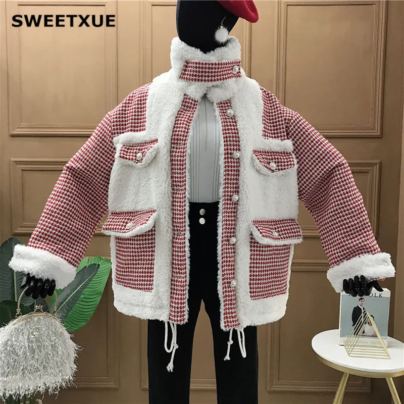 SWEETXUE куртка из овечьей шерсти и гусиной лапки, женская зимняя куртка, новинка, корейское свободное плотное хлопковое пальто, женская повседневная верхняя одежда