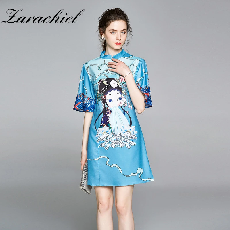 Musim Panas Cina Gadis Kartun Cetak Wanita Gaun Wanita Berdiri Setengah Flare Lengan Di Atas Lutut Gaun Cheongsam Qipao Longgar Kasual Gaun Gaun Aliexpress