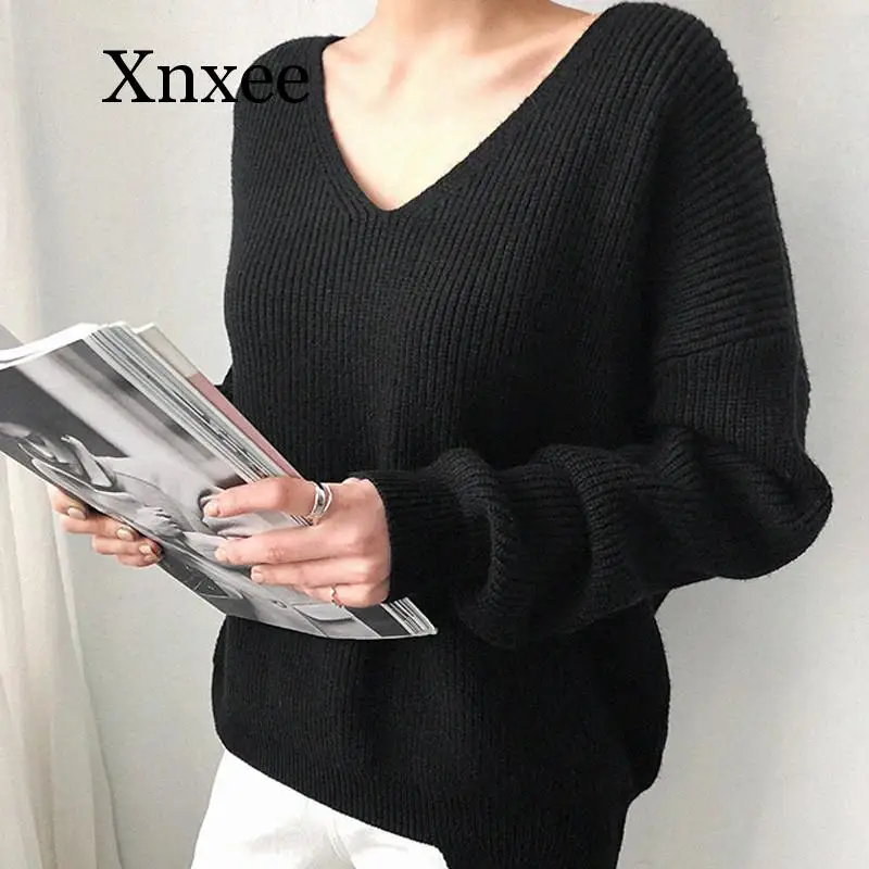 Womens Sweaters 2020 Autumn Winter Casual V Neck Women Pullover Sweater Solid Long Sleeve Fashion Loose Knitted Cashmere Top Womens Sweaters 2020 Autumn Winter Casual V Neck Women Pullover Sweater Solid Long Sleeve Fashion Loose Knitted Cashmere Top