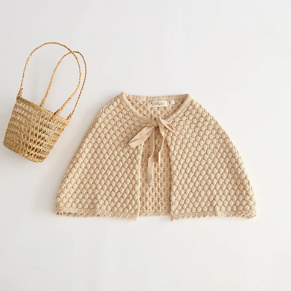 

Ins Hot Girls Baby Girls Knitted Crochet Sweater Cape Halter Poncho Spring Autumn Fashion Pretty Children Beige Color Outwears