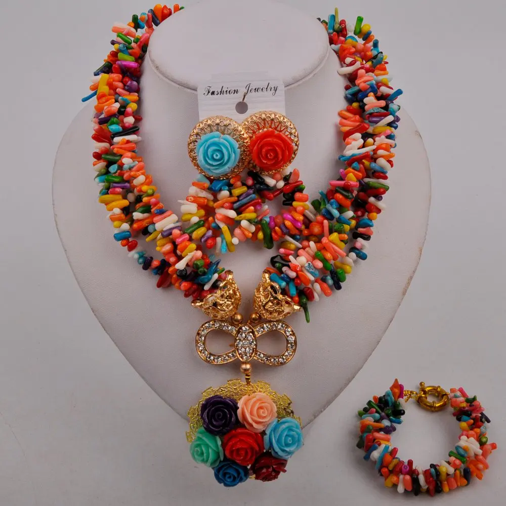 

Multicolors Coral Chips Beaded African Jewelry Set Nigerian Wedding Coral Bridal Jewelry Sets