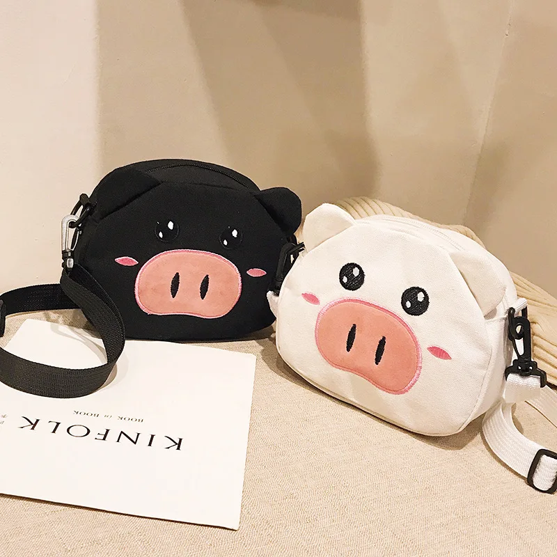 

Embroidered canvas bag female 2020 new student cartoon piggy bag funny fashion shoulder messenger bag