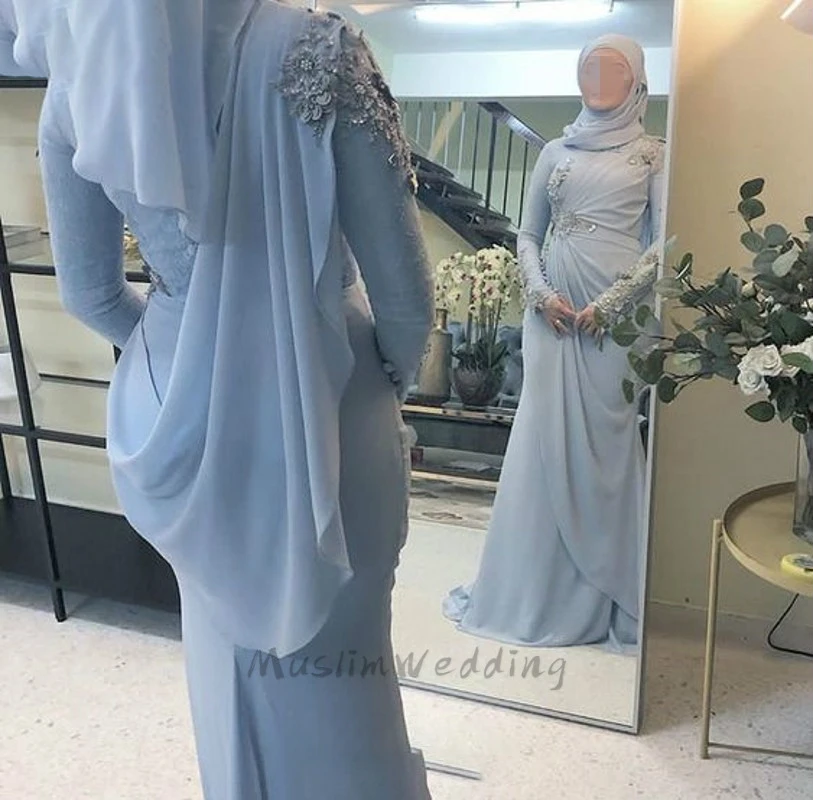 light blue prom dresses Elegant Light Blue Muslim Prom Dresses 2020 Long Sleeve Arabic Dubai Long Evening Gowns With Lace Beaded Formal Party Dress New dark green prom dress
