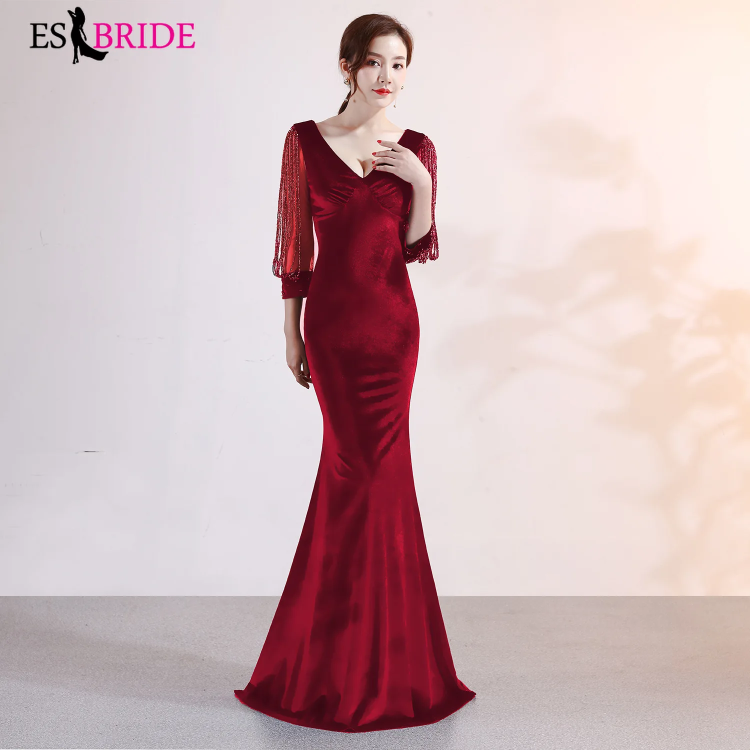 Robe De Soiree, сексуальные велюровые вечерние платья, длинные ES2892-1, глубокий v-образный вырез, 3/4 рукава, элегантные, зима-осень, бархатные вечерние платья