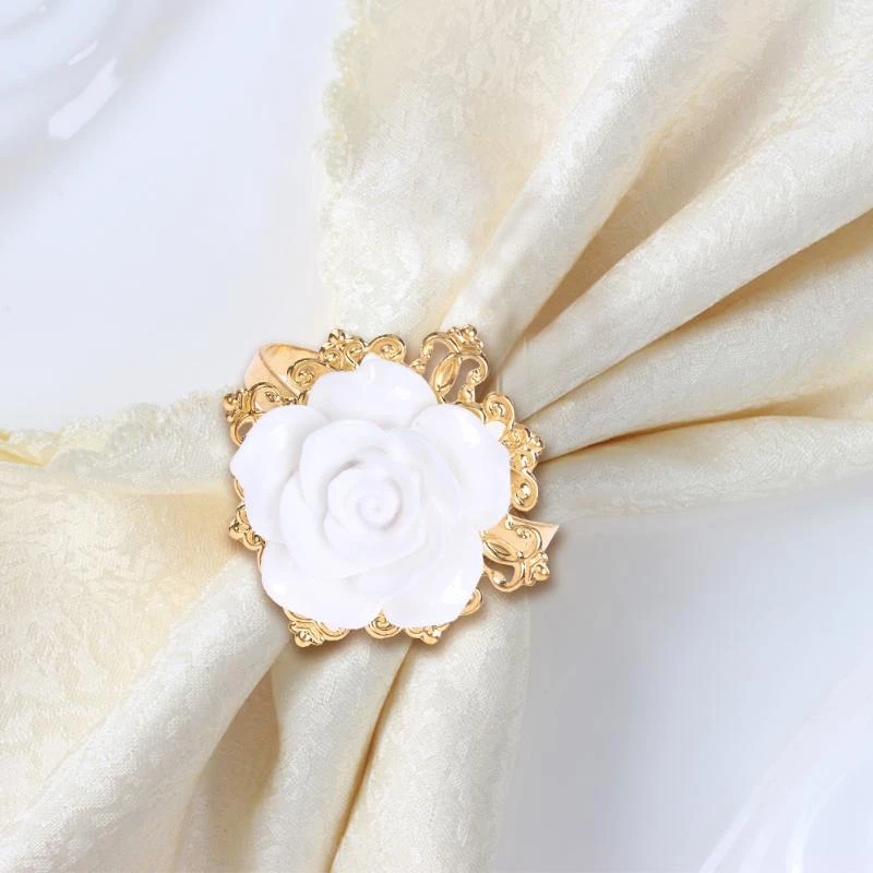 12Pcs/Set Resin Rose White Napkin Ring Table Kitchen Serviette Holder For Wedding Banquet Party Dinner Decoration Gold