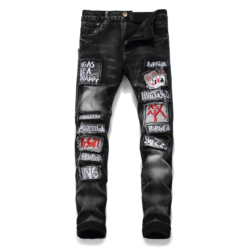 Skinny Jeans Men Black Printing Embroidery Jean Homme Ripped Spijkerbroeken Heren Biker Stretch Pants Slim Fit Men'S Fashion Skinny Jeans Men Black Printing Embroidery Jean Homme Ripped Spijkerbroeken Heren Biker Stretch Pants Slim Fit Men'S Fashion