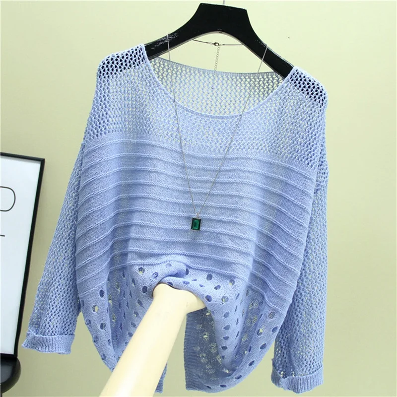 2025 Leisure White Hollow Out Mesh Top Women Thin Knitted Pullover Loose Summer Air Conditioning knitwear Pull Femme Tide H1451 5