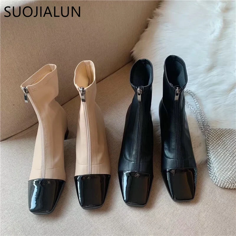 

SUOJIALUN Women Boots Ankle Short Boots Flock Round Toe Square Low Heels Winter Plush Booties Zip Casual Fashion Martin Boots
