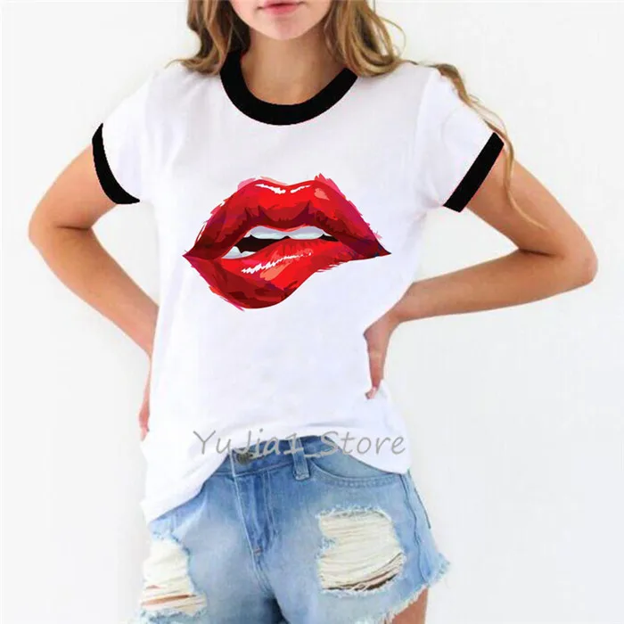 Новое поступление, футболка с красными губами camiseta mujer, модная футболка femme, одежда в Корейском стиле, негабаритная рубашка, белая женская футболка - Цвет: Y80846 B