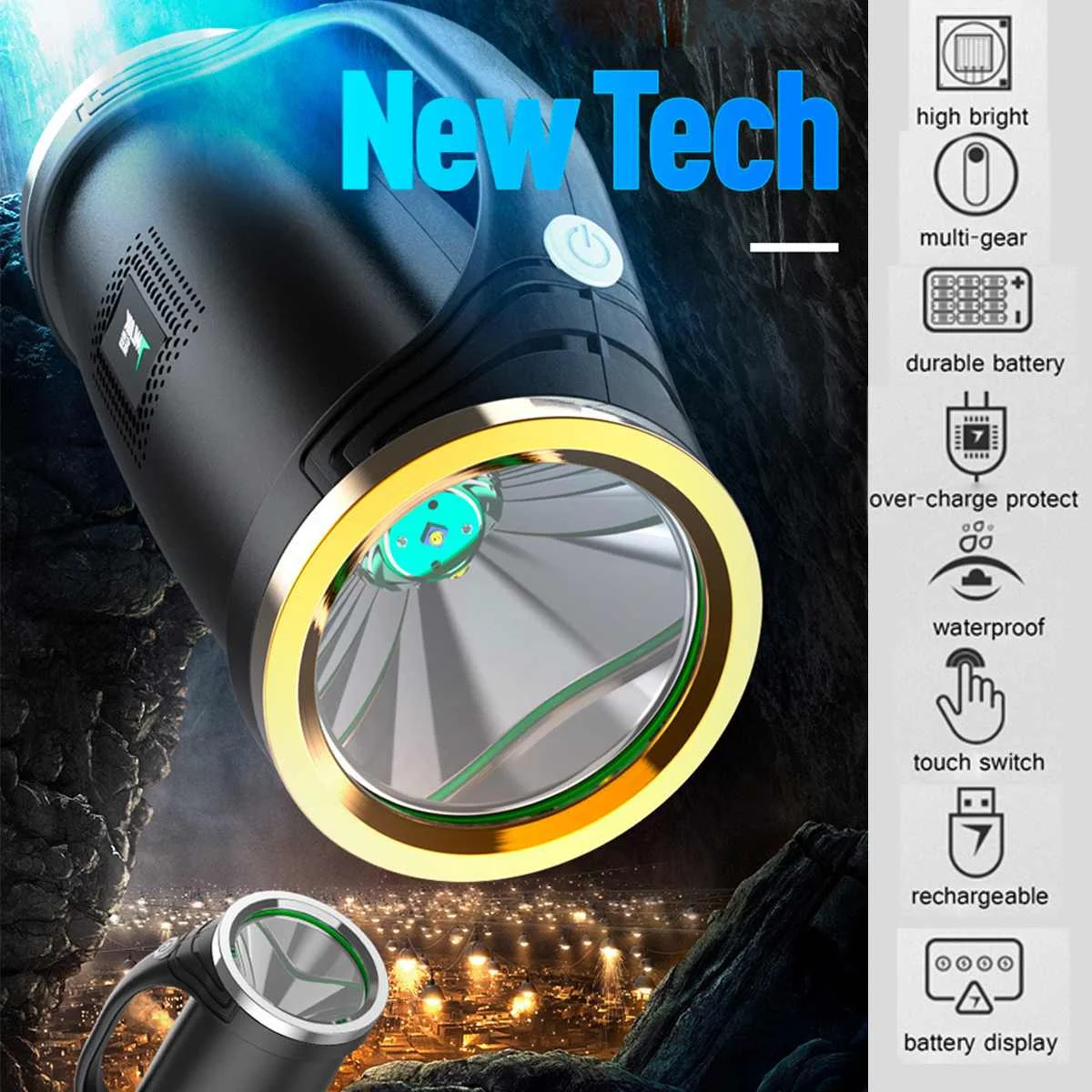 

9000W High Power Super Bright LED Searchlight Outdoor Hunting Handheld Portable Spotlight Lantern Rechargeable Flashlight Lamp