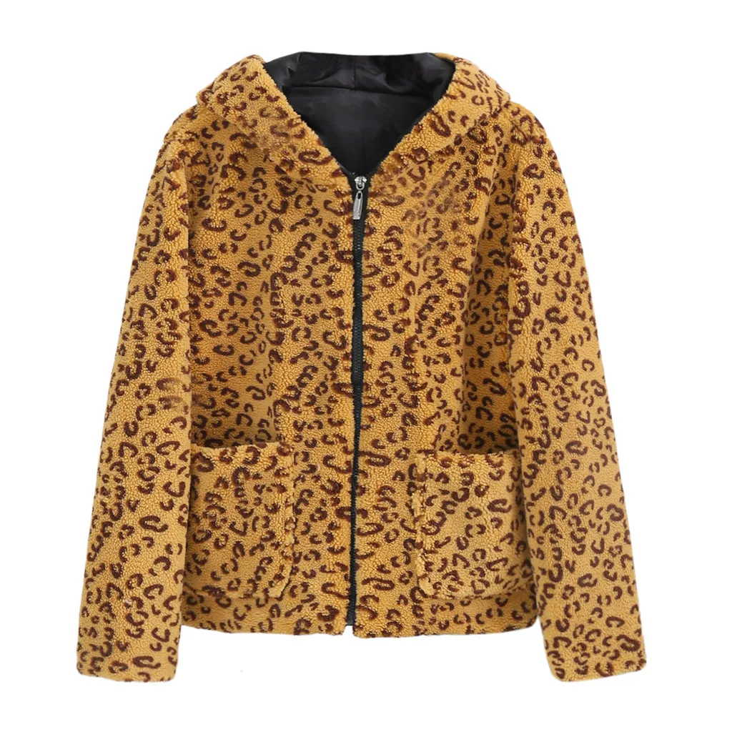 Veste femme manteau femme женское модное леопардовое пальто с длинным рукавом и шапкой, Короткое шерстяное пальто, chaqueta mujer fourrure
