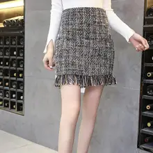 Женская Осенняя Зимняя шерстяная мини-юбка, винтажная прямая клетчатая юбка с кисточками, юбка с высокой талией для девочек