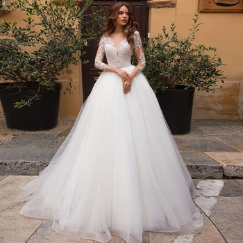 

Gorgeous V-neck Long Sleeves Wedding Dress Puffy Tulle A-line Bridal Gown Customized Vestido de Novia
