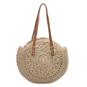 

Hand-Woven Round Woman'S Shoulder Bag Handbag Bohemian Summer Straw Beach Bag Travel Shopping Female Tote Wicker Bags Beige